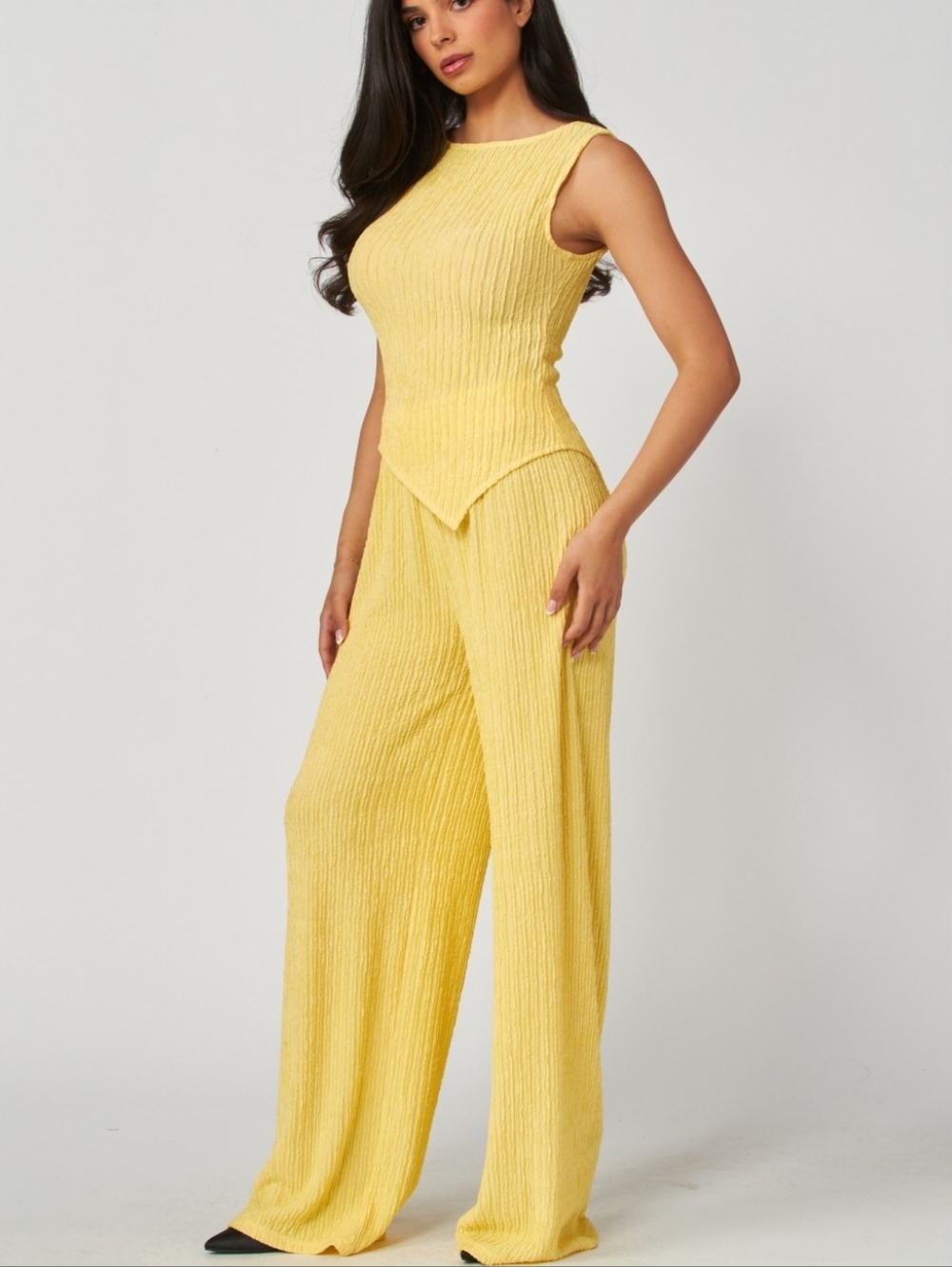 Yellow Sleeveless Asymmetrical top Crinkle Wide Leg Pantsuit